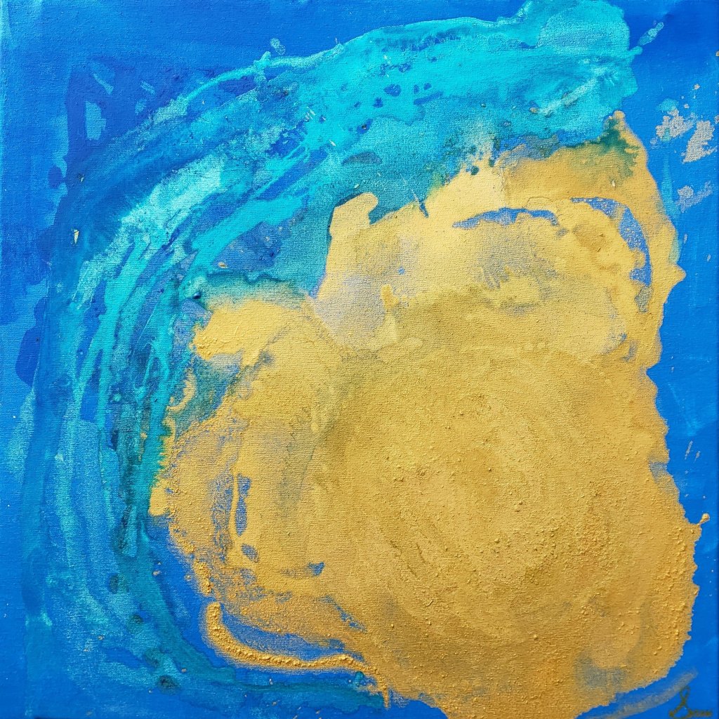 blue gold and turquoise acrylic art, revealing a metalic and light reflecting finish