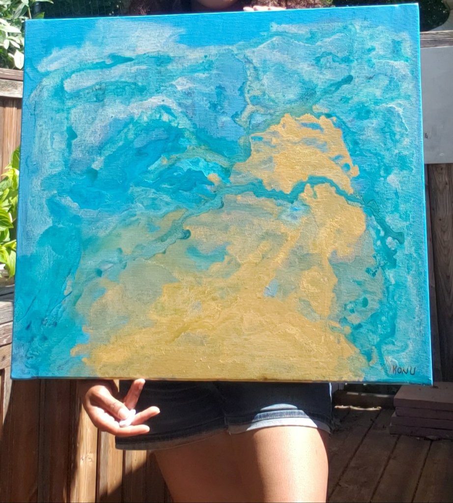 A blue gold and turquoise painting By Artist Stephanie Konu 2020