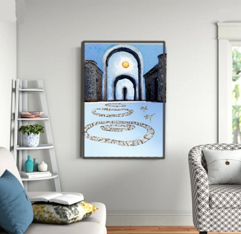 Blue castle art on wall staged